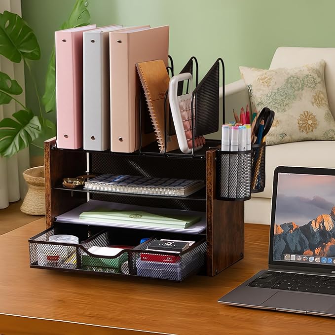Y YOMA Wooden Desk Organizer, 4-Tier Mesh Desk Organizer with Drawer, Paper Tray & 5 Vertical File Holders, 2 Pen Holders, Desktop Organizer and Accessories for Home Office Dorm