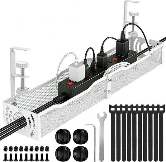 Cable Management, 25.3'' Under Desk Cable Management Tray No Drill, Metal Cable Organizer with Clamp for Wire Management, Cord Organizer for Home Office, Desk Accessories Organizer, White