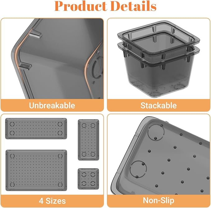 15 PCS Clear Plastic Drawer Organizer Set, 4-Size Acrylic Drawer Storage Trays, Storage Bins for Makeup, Gadgets, and Jewelry in Bathroom, Bedroom and Office, Clear Black