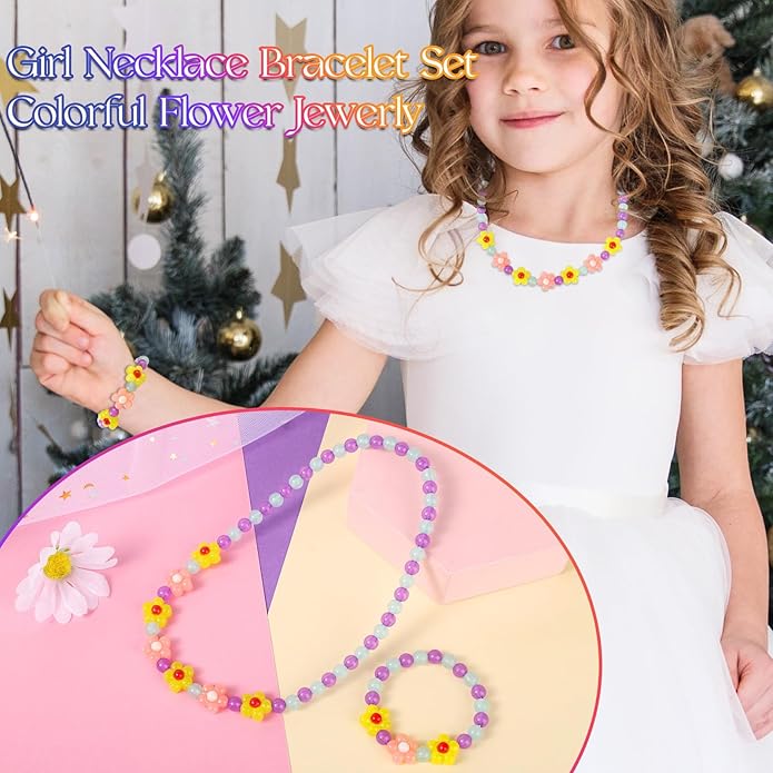 Girls Jewelry Set - Cute Flower Beads Necklace Bracelet-Toddler Girls Flower Jewelry - Stretchy Chunky Costume Jewelry Present Toy-Yellow