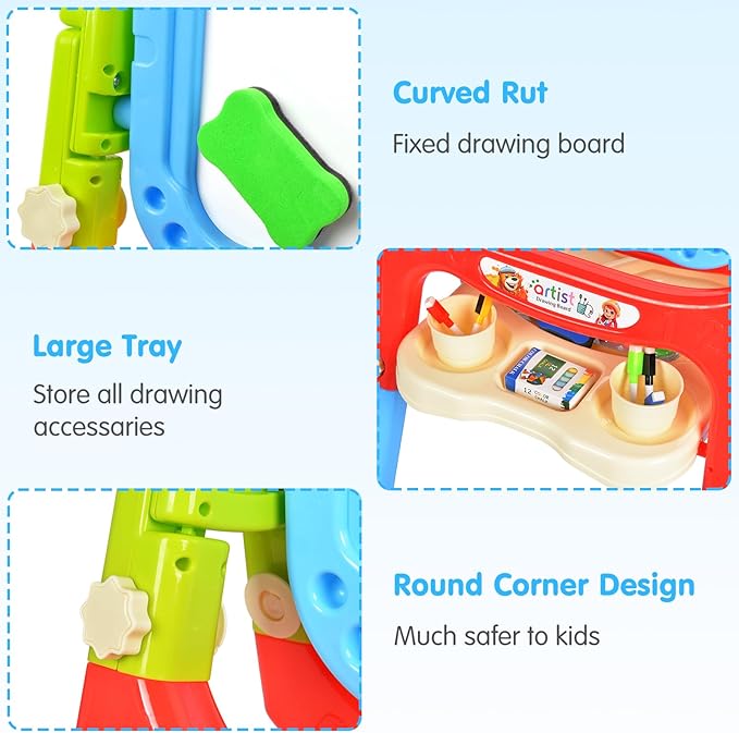 Kids Art Easel, Adjustable Drawing White Board & Chalk Board, Toddler Standing Easel with Painting Accessories, Gift for Girls Boy (Blue)