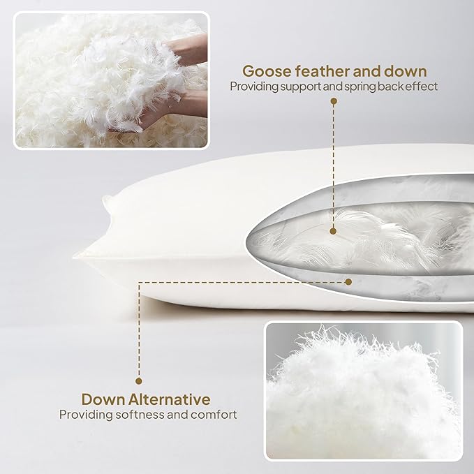 Goose Down Body Pillows for Adults, Large Body Pillow for Side Sleeper, Hugging Feather Body Pillow Insert, Cooling Full Length Long Pillow for Bed with 100% Organic Cotton Shell, White 20"x72"