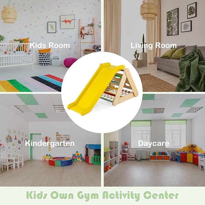 HONEY JOY 4-in-1 Triangle Climber with Ramp, 3-Side Kids Climbing Triangle Ladder with Net Rope & Bars, Wooden Montessori Climbing Toys for Toddlers Daycare, Gym & Playground, Gift for Boys Girls