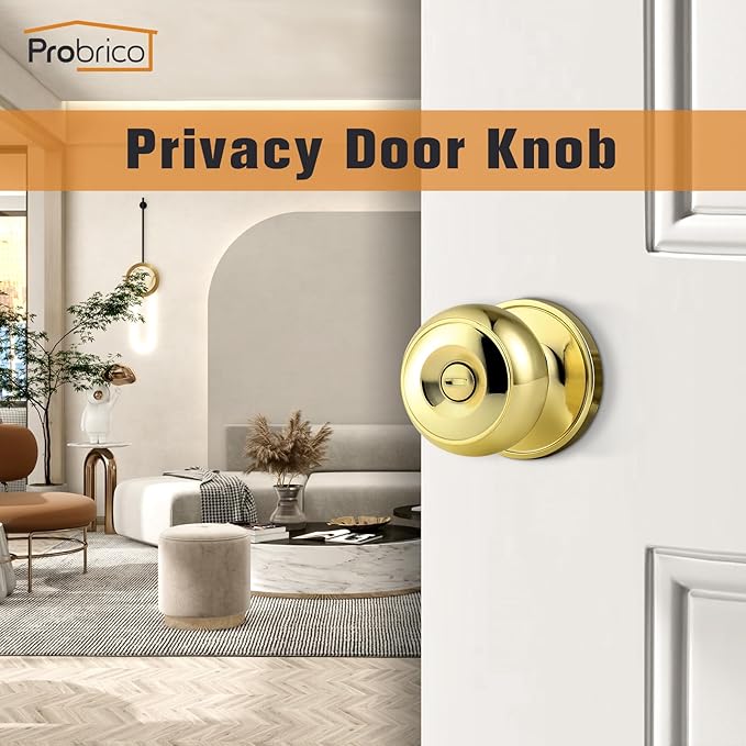 Probrico Gold Interior Door Knobs for Bedroom Bathroom, Polished Brass Privacy Door Knob Keyless Door Lock with Round Ball Knob, 8 Pack