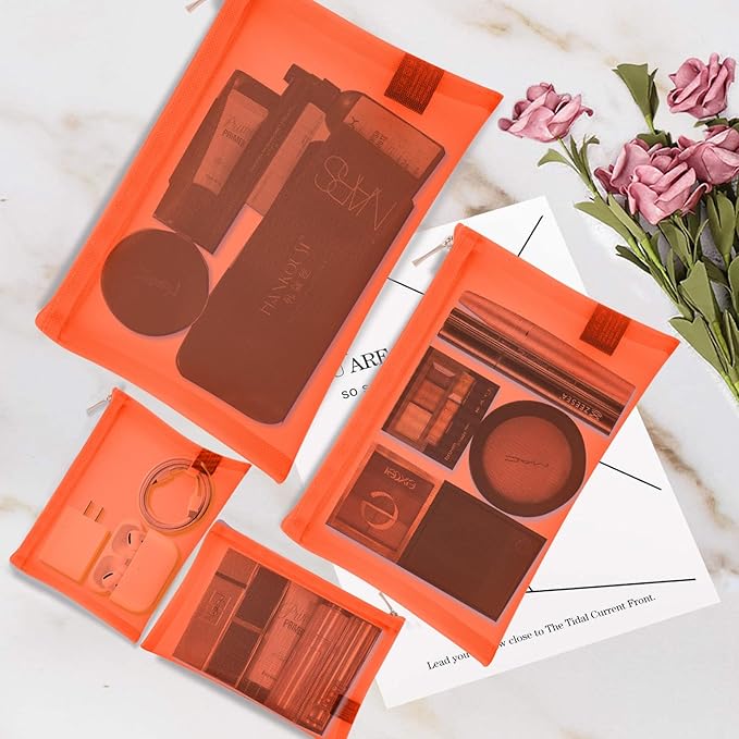 EASYFUN Mesh Pouch, Make up Bag with Zipper Cosmetic Organizer Pouch for Daily or Travel to Keep Small Items, 4 PCS Orange