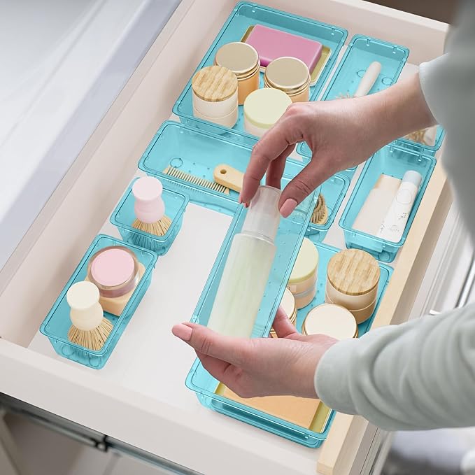 15 PCS Clear Plastic Drawer Organizer Set, 4-Size Acrylic Drawer Storage Trays, Storage Bins for Makeup, Gadgets, and Jewelry in Bathroom, Bedroom and Office, Clear Sea Blue