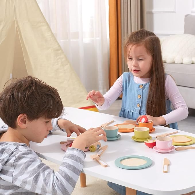 Giant bean 27PCS Wooden Toy Plates and Dishes for Kitchen Set, Wooden Play Kitchen Accessories for Girls and Boys, Montessori Toys, Christmas Birthday Gift for Kids