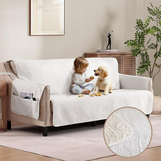 Quilted Sofa Slipcovers with Pockets, Anti-Slip Medallion Designed Couch Covers for 3 Cushion Sofa, Couch Cover for Dogs Cats Water-Repellent Machine Washable (Large Sofa 68", White)