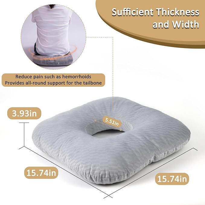 Donut Pillow for Tailbone Pain Relief, Wheelchair Cushion for Hemorrhoids and Bed Sores, Pregnancy, Cotton Pillow Suitable for Office, Long Travel, Car and Home Sofa (Gray-Diagonal Grid)