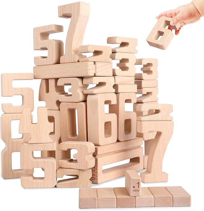 Wooden Numberblocks Toys, 32 Pcs Number Blocks Toys for Kids, Large Number Block 1-10, Digital Building Blocks, Stacking Number Toys for Kids Ages 3-5 Up, Preschool Learning Activities