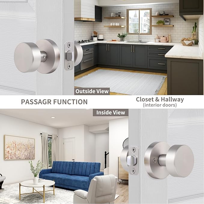 Satin Nickel Passage Door Knob, Brushed Nickel Interior Door Knobs for Closet and Hallway Doors, Round Modern Non-Locking Door Handles