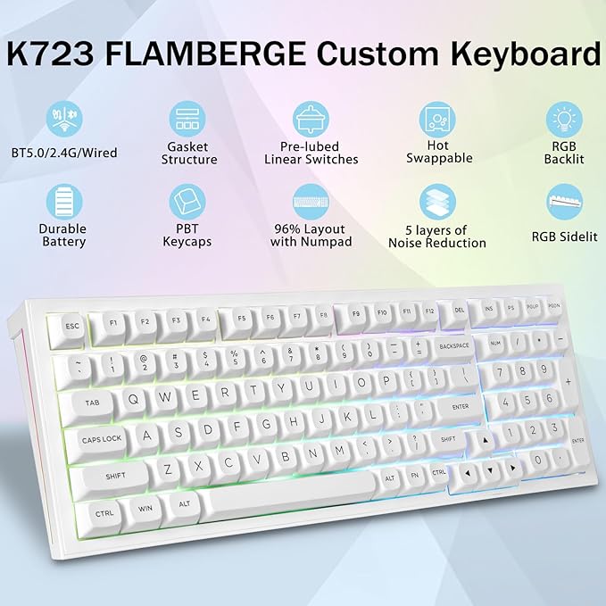 Redragon K723 Wireless Mechanical Gaming Keyboard Creamy, Bluetooth/2.4G/USB-C Wired, RGB Backlit, Hot Swappable Pre-lubed Linear Switches, 96% Custom Gasket Structure for PC/Mac/PS/Xbox,White