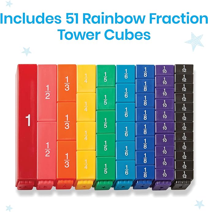 hand2mind Rainbow Fraction Tower Cubes, Fraction Equivalency, Math Blocks, Montessori Math Materials for Kids, Teacher Supplies for Math Classroom, Math Manipulatives 4th Grade (Set of 51)