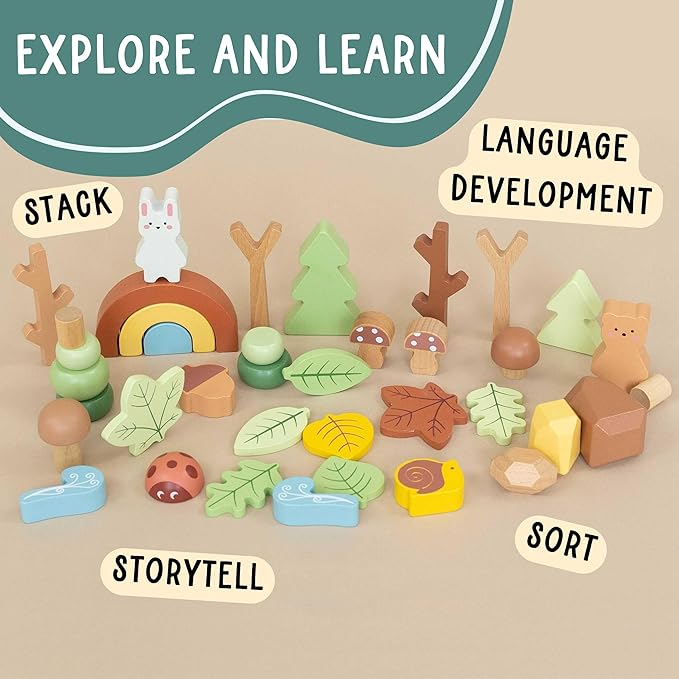 38 pcs Wooden Forest Sensory Bin - Montessori Toys for 4 Year Old - Wooden Blocks for Toddlers 3-5 - Sensory Toys for Kids 5-7 - Preschool Learning Activities- Tinker Toys