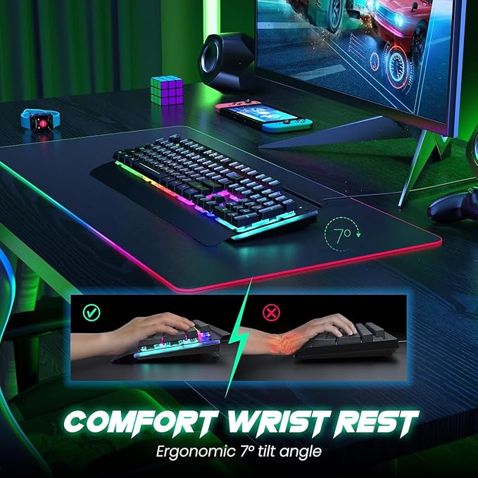 RisoPhy PC419 RGB Gaming Keyboard, 7 Single Color Backlits, 104 Keys Metal Panel, Silent Keys, Wrist Rest, Full Size Waterproof Light Up for PC Laptop Mac Gamer