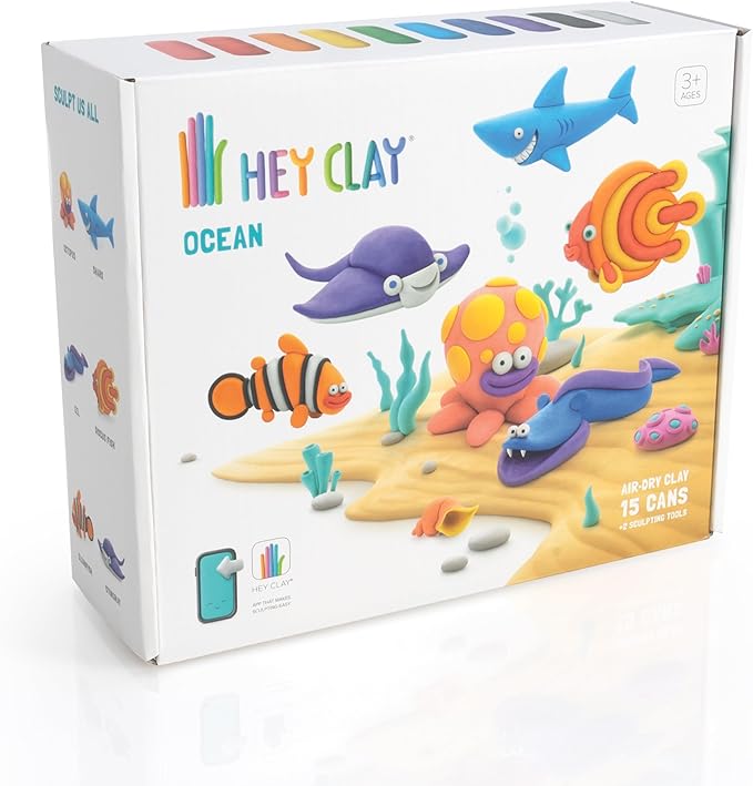 Fat Brain Toys Hey Clay Ocean Creatures, Air Dry Clay Kit with Interactive App for Kids & Tweens, Modeling Clay and Crafts Set