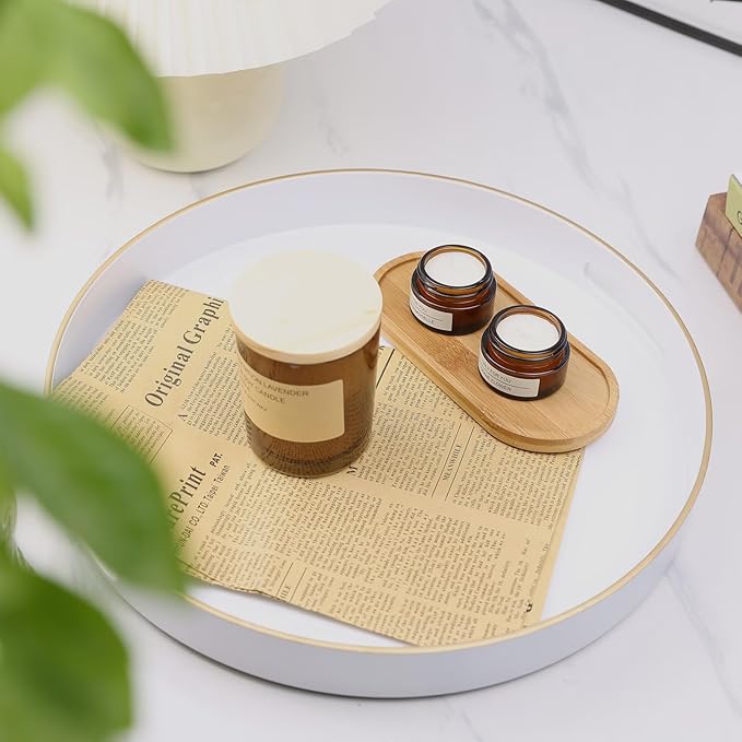 Omuriko White Round Decorative Tray with Handles, 13" Versatile Serving Tray for Coffee Table, Ottoman, Ideal for Serving, Displaying, Organizing