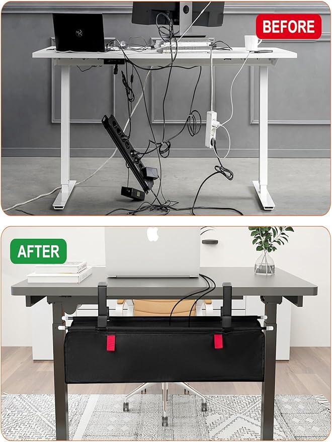CrsaSwivo No Drill Under Desk Cable Management Tray - 28" Cord Management Under Desk - No Drill Needed - Easy Clamp - Premium Fabric Cable Management Tray for Office/Home