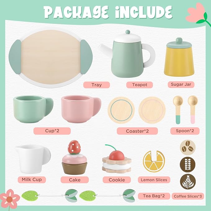 GAGAKU Wooden Tea Set for Kids, Wood Tea Party Set for Little Girls Wooden Coffee Afternoon Tea Toys Play Food forToddler Pretend Play Kitchen Accessories for Kids