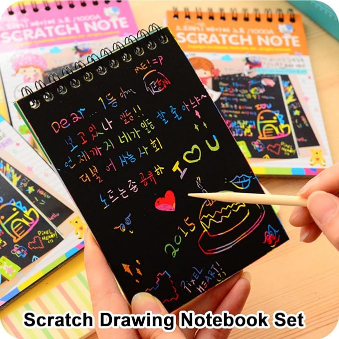 24 Pack Scratch Notebooks,Rainbow Scratch Paper Art Notebooks,Scratch Note Pads for Kids Rainbow Party Favors,Scratch Arts and Crafts Notebooks with 24 Wooden Stylus & 12 Drawing Stencils