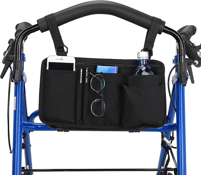 JOYTUTUS Walker Side Bag, Wheelchair Armrest Storage Pouch with Cup Holder, Wheelchair Accessories for Seniors, Walker Bag Cup Holder for Walker, Rollator, Electric Scooter or Wheelchair Black