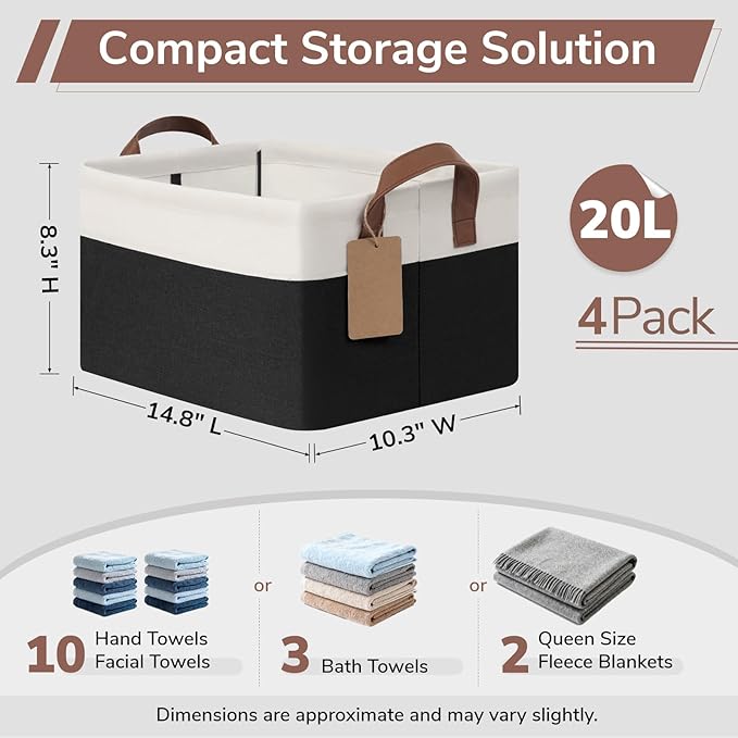 CHICVITA 4 Pack Storage Baskets for Shelves, Foldable Closet Baskets for Organizing, Fabric Storage Bins with Handles, Towel Organizer for Closet, 14.8" x 10.3" x 8.3", Black & White