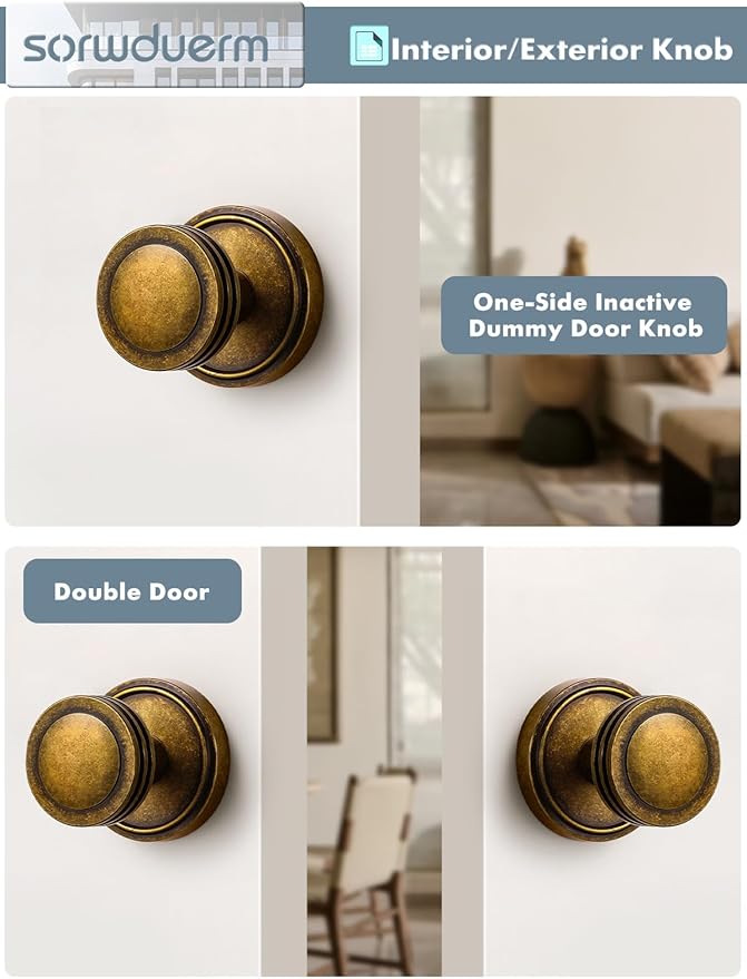 4 Pack Dummy Antique Brass Door Knob Dummy Door Handle Interior Single Sided Decorative,Zinc Alloy