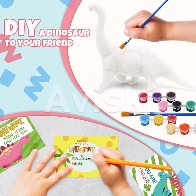 24 Pack Valentines Day Cards for Kids with Dinosaur Painting Kit for Kids, Valentines Greeting Cards for School Classroom Exchange Gifts, Happy Valentines Day Arts and Crafts Party Favor Supplies