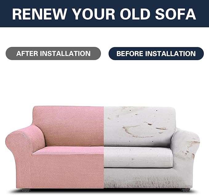 2025 New Stretch Sofa Slipcovers Couch Cover for 3 Cushion Furniture Protector Sofa Covers with Elastic Bottom Jacquard Fabric Small Checks for Pets, Kids -Sofa, Dusty Pink