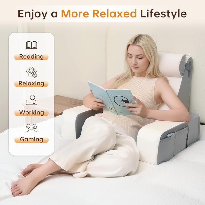 Vekkia 21" Reading Pillow for Sitting in Bed – 60° Ergonomic Wedge Back Pillow, XL Side Pockets, Support Chair for TV, Gaming, Working, Nursing, Recovery in Bed, Floor, Dorm, Great Gift Idea