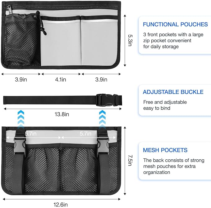 Wheelchair Bag, Walker Bag, Armrest Organizer Pouch with Cup Holder Attachment and Reflective Strip, Accessories for Most Wheelchairs, Walkers, Rollators (Grey)