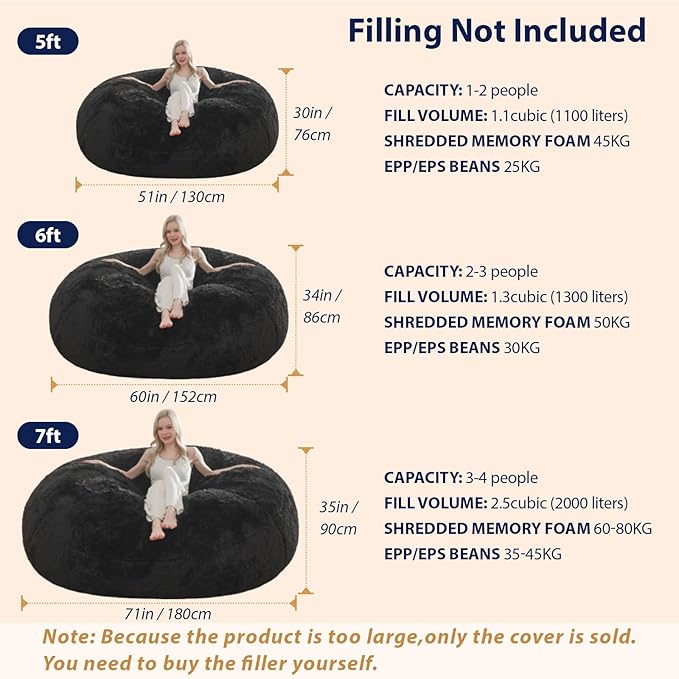 Bean Bag Cover(No Filler), Fluffy Beanbag Chairs Cover Only, Stuffed Animal Storage Bean Bag, Washable Lazy Sofa Beanbag Cover Without Filler, 6FT, Black