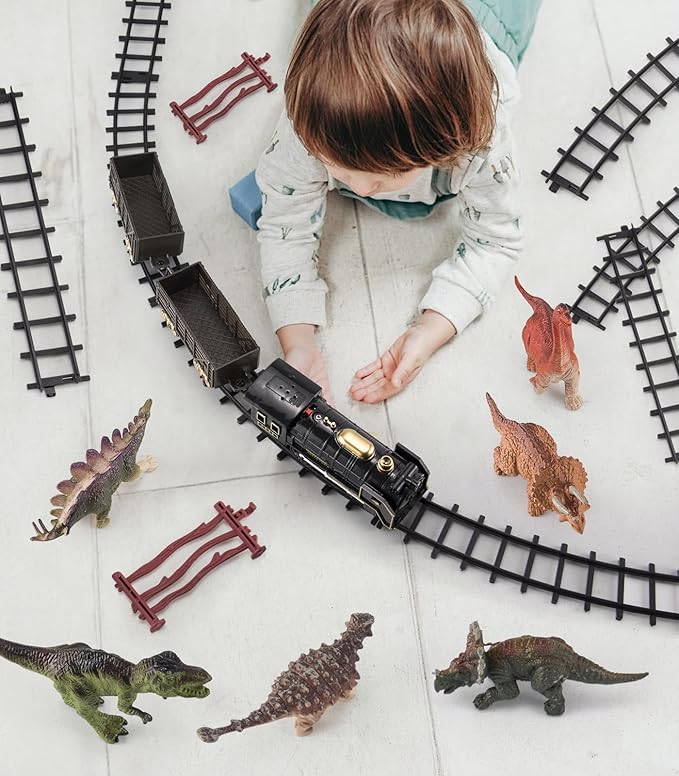 Dinosaur Toy Train Set, Electric Steam Engine with Light & Sound, Include 6 Dino Figures & Accessories, Miniature Animals Toy Cake Topper Bulk Toddler Stocking Stuffers Gift for Ages 3 & Up Boys Girls