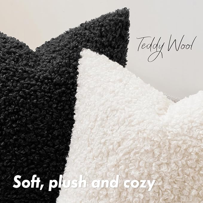 Woaboy Faux Fur Throw Pillow Covers 20x20 Inch Set of 2 Boucle Neutral Decorative Sherpa Fuzzy Accent Soft Sheepskin Fleece Cushions Modern Home Decor for Couch Sofa Bedroom Living Room,Black