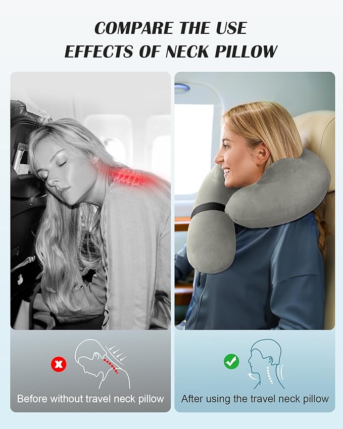BLABOK Inflatable Neck Pillow for Travel, Travel Pillow Support Head and Neck, Travel Neck Pillow for Airplane,Train,Car,Office,Home,Washable Cover (Grey)