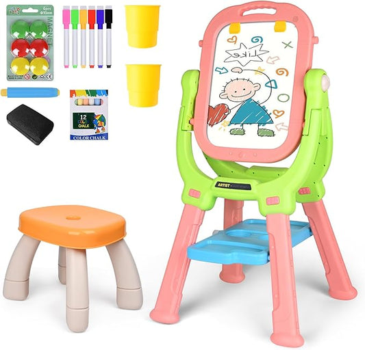 Kids Art Easel and Toddler Ease,Equipped with A Little Bench, Blackboard and Whiteboard, Toddler Art Supplies, Drawing Easel for Toddlers 3-5,Gifts for Children (Pink+Green)