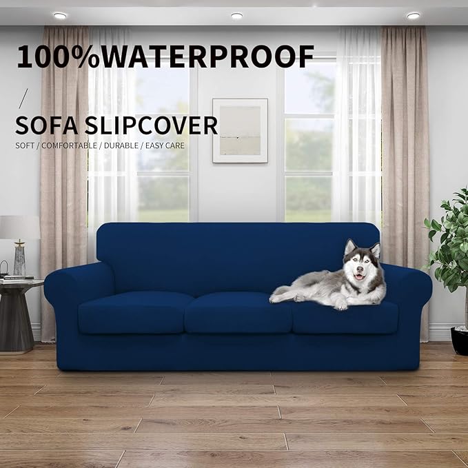 Easy-Going 100% Dual Waterproof Oversized Cover Stretch Soft Couch Cover for Dogs, Sofa Slipcover for 3 Separate Cushion Couch Leakproof Furniture Protector for Kids, Pets Navy