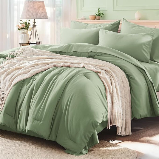 Anluoer Sage Green California King Comforter Set 7 Pieces, Bed in a Bag with Sheets, All Season Bedding Sets with 1 Comforter, 2 Pillow Shams, 2 Pillowcases, 1 Flat Sheet, 1 Fitted Sheet