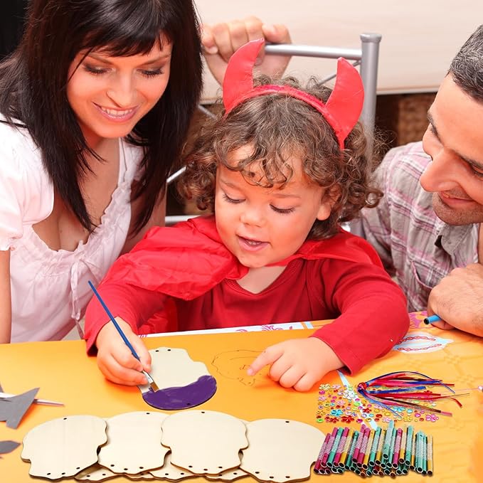 Fennoral 9 Pack Skull Wind Chime Kit for Kids Make You Own Day of The Dead Wind Chime Hanging Ornaments DIY Coloring Wooden Halloween Crafts for Boys Girls Halloween Party Decoration