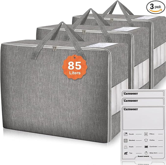 3 Pack 85L Comforter Storage Bags, Extra Large Bedding Storage Bags with Card and Clear Window, Reinforced Handles & Zippers, Foldable Closet Organizers for Blanket Pillow Clothes