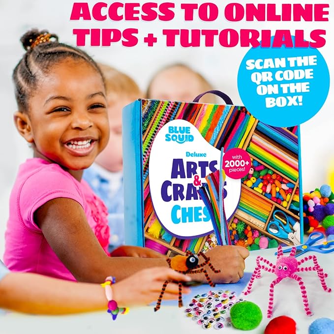 Blue Squid Arts & Crafts Chest - 3000+ pcs Deluxe Craft Supplies Box, 2 Drawers, 18 Compartments, Sturdy Handle - Art Crafting Kit Christmas Gifts for Kids, School Supply for Ages 4 5 6 7 8 9 10 11 12