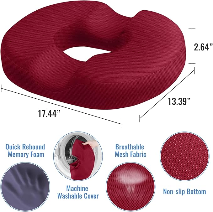 CloudBliss Donut Pillow Seat Cushion Chair Pad for Tailbone Pain Relief and Hemorrhoids, Memory Foam Seat Chair Cushion for Men and Women for Home & Office, (Red)