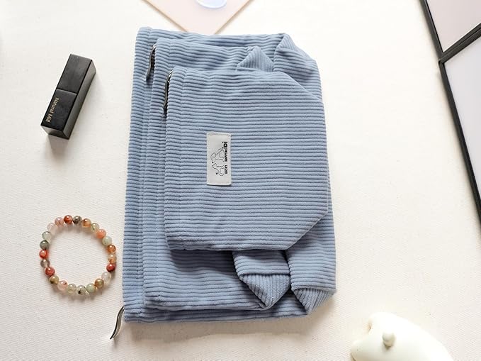 HAPPYHEIDI Large Corduroy Makeup Bag with Compartment Cosmetic Toiletry Travel Accessory Pouch Purse Organizer, Soft Misty Blue