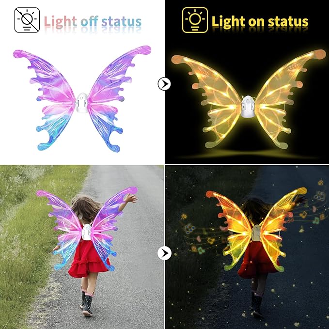 Electric Fairy Wings for Girls, Light Up Moving Butterfly Wings with LED Lights and Music, Toy for Kids as Halloween Valentine Birthday Christmas Party Costume Princess Cosplay Dress Up Gift