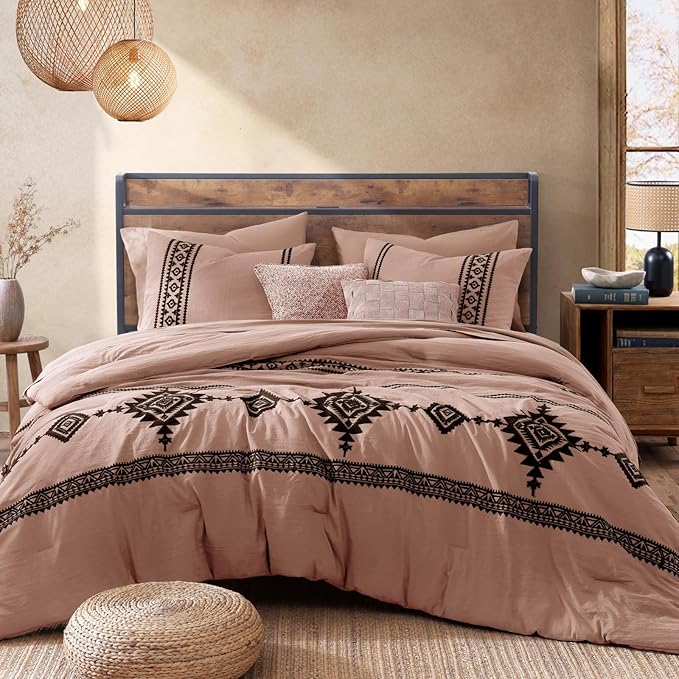 MaiRêve Embroidery Comforter Set, Boho Farmhouse Western Bedding Set, All Season Bed in A Bag Comforter Set with Sheets, Pillowcases & Shams, Dusty Pink Full 7 Pieces