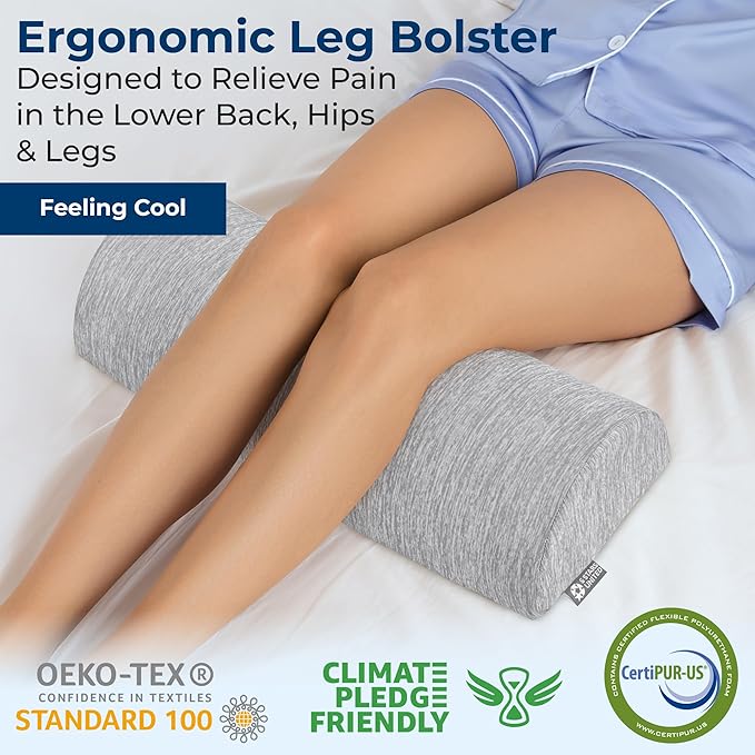 5 STARS UNITED Knee Pillow for Back Sleeping – Cooling Cover - Memory Foam Cushion for Sciatica Pain Relief – Under Leg Support for Sleeping on Back – Half Moon Bolster for Bed, Arctic Gray