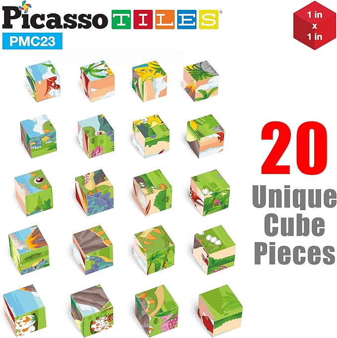PicassoTiles Magnetic Cube Puzzle 6-in-1 Dinosaur Theme Pattern Magnet Brain Teaser Building Cubes 120 Pictures Toy Set Kids Ages 3 & Up Preschool Children Promote Problem Solving Skills PMC23