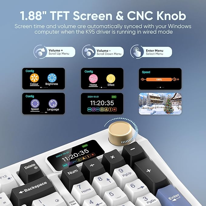 RedThunder K95 Wireless Mechanical Keyboard, TFT Screen & Knob, Tri-Mode BT5.0/2.4GHz/USB-C Hot Swappable Custom, Pre-lubed Linear Switches, Gasket Structure, RGB Gaming Keyboard, Snowy White-Blue