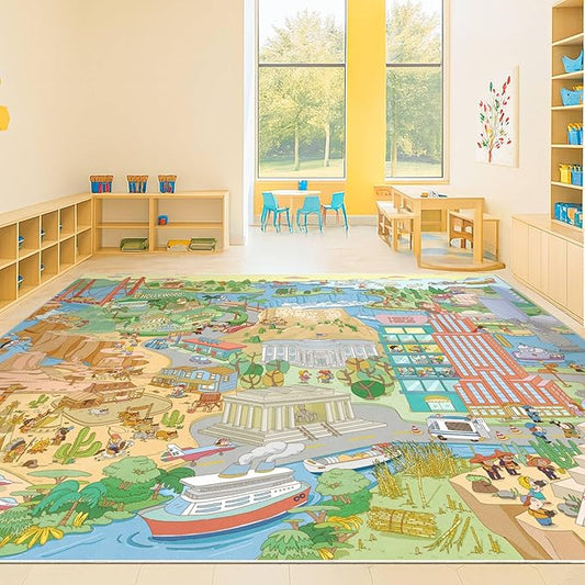 Large 8x10 Kids Rug – North America Geography Carpet with Landmarks, Wildlife & U.S. Presidents – Giant Educational Play Mat for Homeschool, Daycare, Classroom, or Pretend Play Area