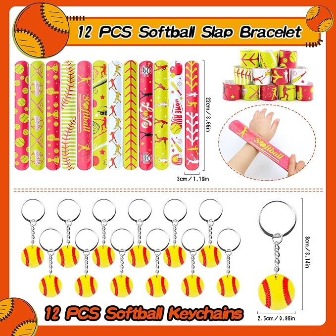 122Pcs Softball Party Favors Softball Goodie Bags Stuffers with Stress Ball Keychain Sticker Badges Silicone Bracelet for Softball Birthday Party Decorations
